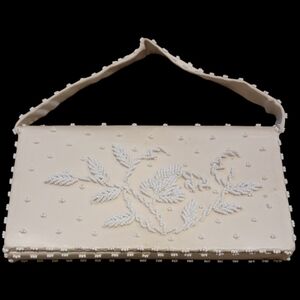 VTG Olympic Ivory Satin Beaded Purse Handmade In Hong Kong